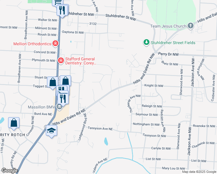 map of restaurants, bars, coffee shops, grocery stores, and more near 2939 Inwood Drive Northwest in Massillon