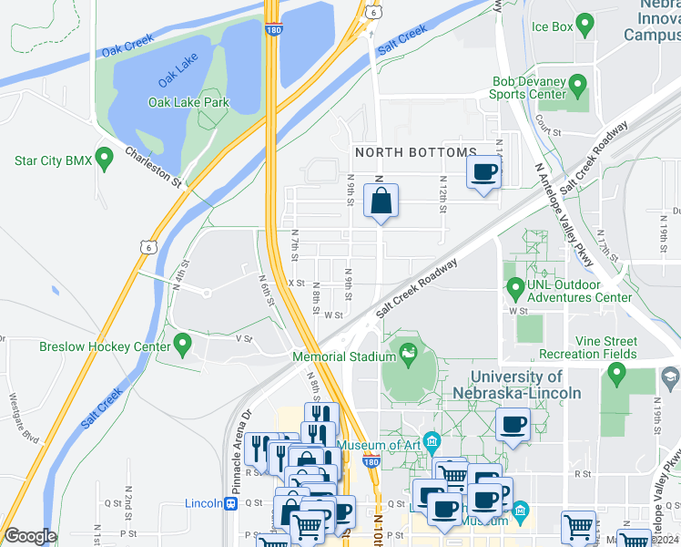 map of restaurants, bars, coffee shops, grocery stores, and more near 1021 North 9th Street in Lincoln