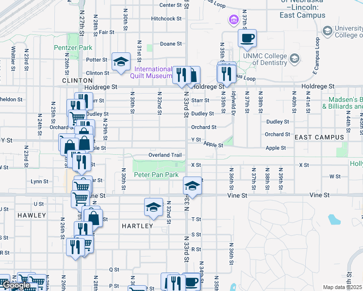 map of restaurants, bars, coffee shops, grocery stores, and more near 3230 Apple St in Lincoln