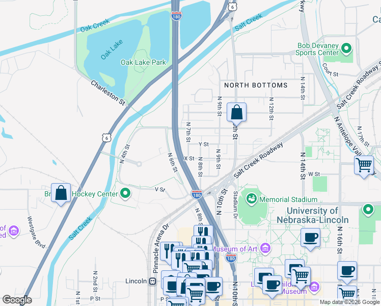 map of restaurants, bars, coffee shops, grocery stores, and more near 1010 North 7th Street in Lincoln