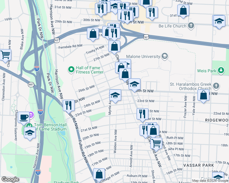 map of restaurants, bars, coffee shops, grocery stores, and more near 1328 25th Street Northwest in Canton