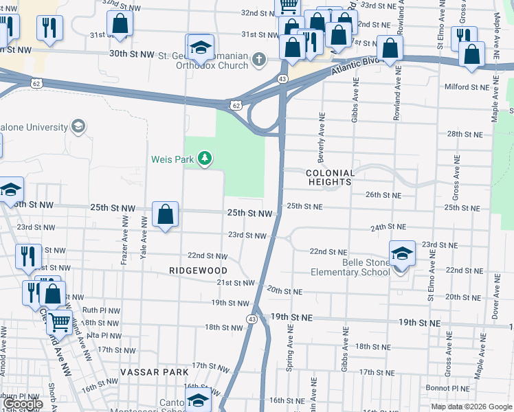 map of restaurants, bars, coffee shops, grocery stores, and more near 137 25th Street Northwest in Canton