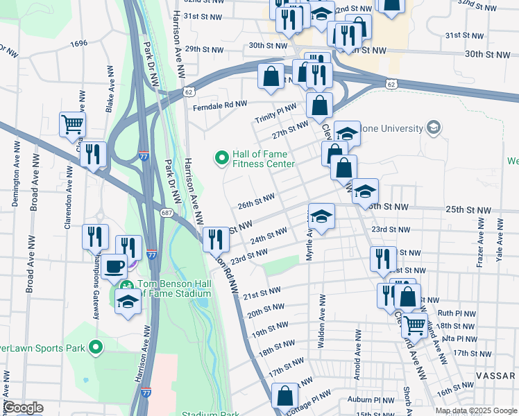 map of restaurants, bars, coffee shops, grocery stores, and more near 1622 26th Street Northwest in Canton