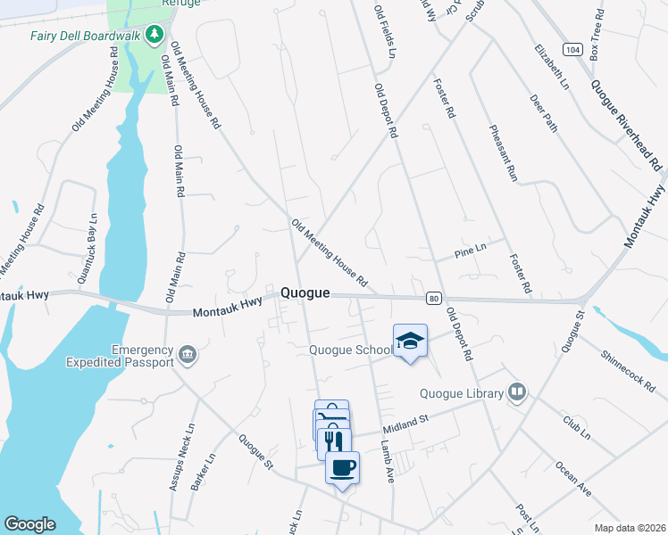 map of restaurants, bars, coffee shops, grocery stores, and more near 52 Old Meeting House Road in Quogue
