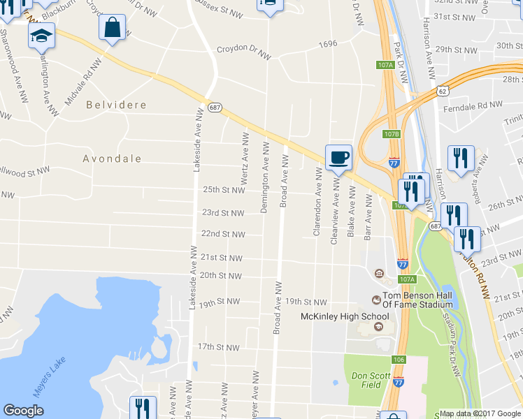 map of restaurants, bars, coffee shops, grocery stores, and more near 2303 Demington Avenue Northwest in Canton
