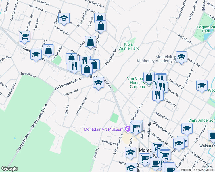 map of restaurants, bars, coffee shops, grocery stores, and more near 850 Bloomfield Avenue in Montclair