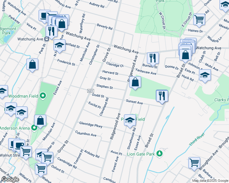 map of restaurants, bars, coffee shops, grocery stores, and more near 33 Stephen Street in Montclair