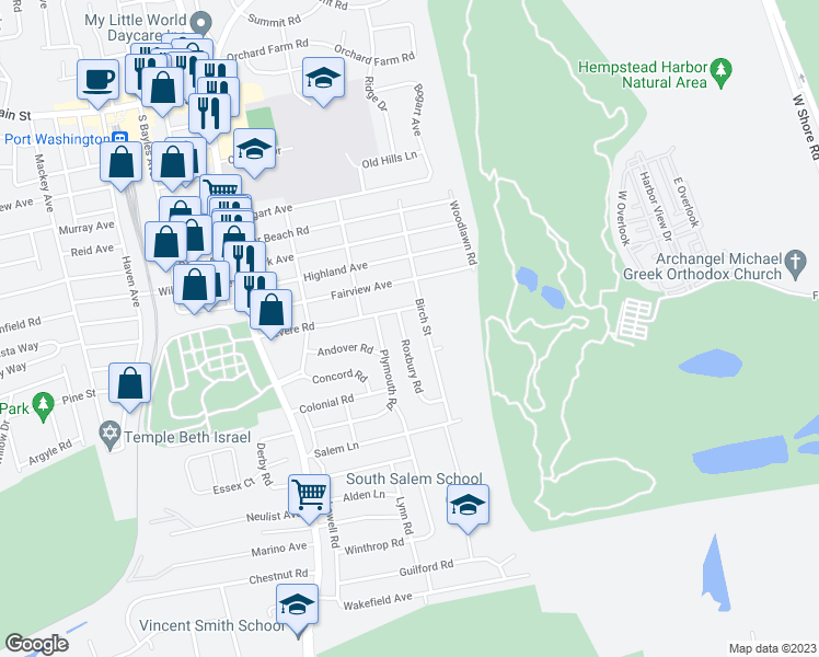 map of restaurants, bars, coffee shops, grocery stores, and more near 60 Birch Street in Port Washington