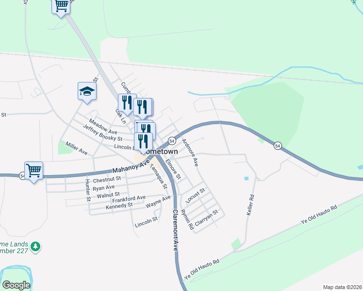 map of restaurants, bars, coffee shops, grocery stores, and more near 19 Lynwood St in Tamaqua