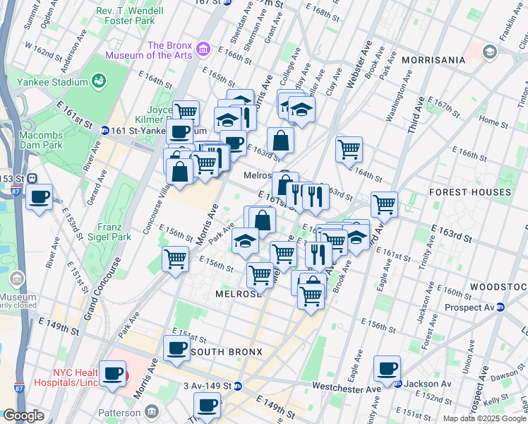 map of restaurants, bars, coffee shops, grocery stores, and more near 330 East 160th Street in Bronx