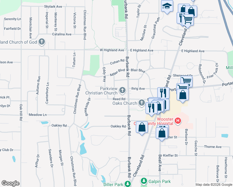 map of restaurants, bars, coffee shops, grocery stores, and more near 1923 Fisher Drive in Wooster