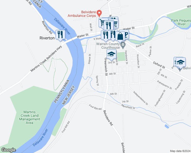 map of restaurants, bars, coffee shops, grocery stores, and more near 400 Spring Street in Belvidere