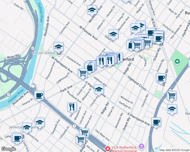 map of restaurants, bars, coffee shops, grocery stores, and more near 1 Addison Avenue in Rutherford