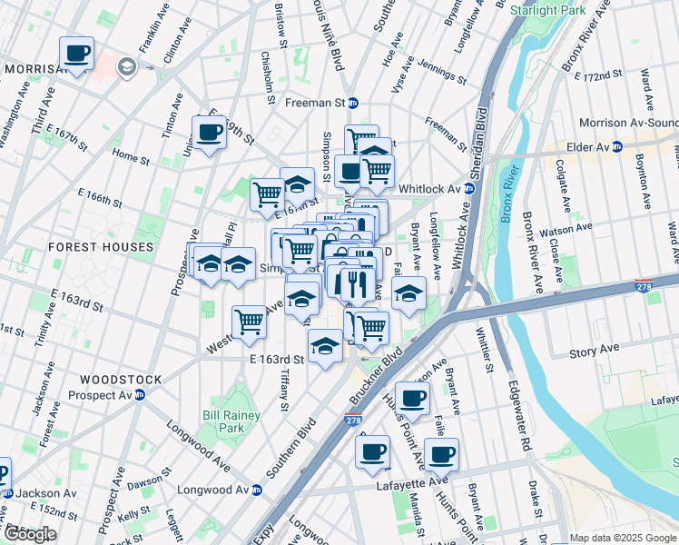map of restaurants, bars, coffee shops, grocery stores, and more near in The Bronx