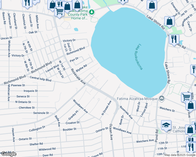 map of restaurants, bars, coffee shops, grocery stores, and more near 5 South Drive in Ronkonkoma