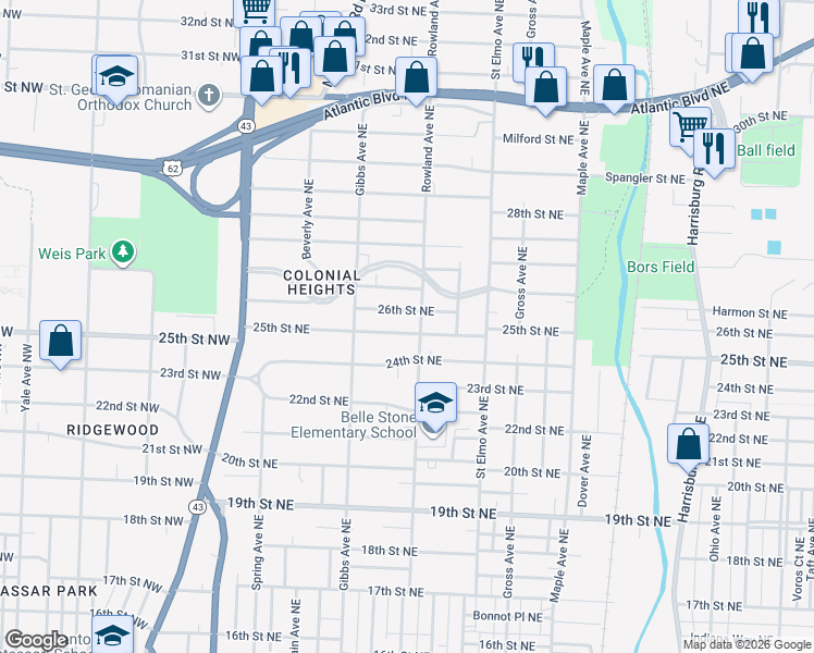 map of restaurants, bars, coffee shops, grocery stores, and more near 1221 25th Street Northeast in Canton