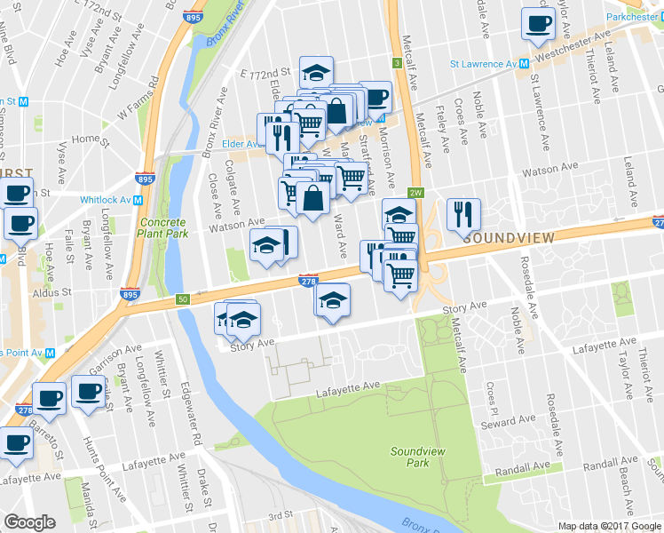 map of restaurants, bars, coffee shops, grocery stores, and more near 1557 Bruckner Boulevard in Bronx