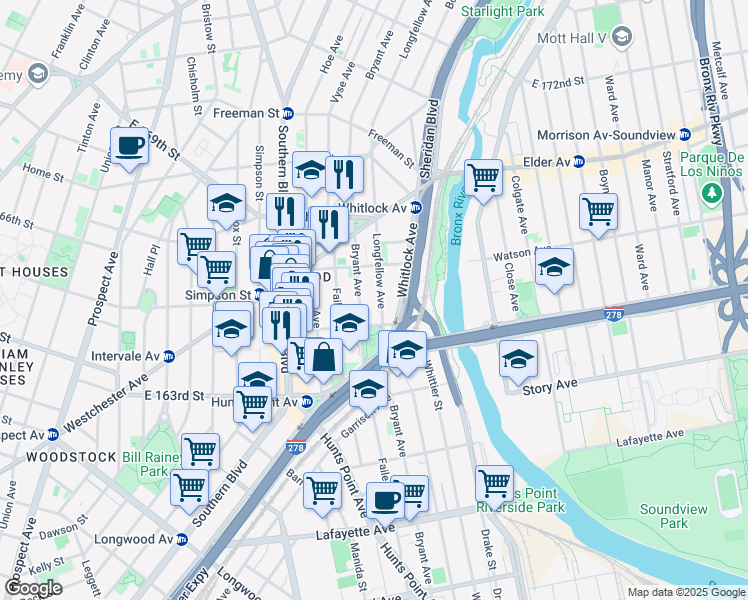 map of restaurants, bars, coffee shops, grocery stores, and more near 1020 Bryant Avenue in Bronx
