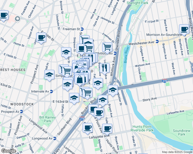 map of restaurants, bars, coffee shops, grocery stores, and more near 1029 Faile Street in Bronx