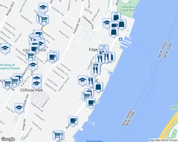 map of restaurants, bars, coffee shops, grocery stores, and more near 12 Edgewater Place in Edgewater