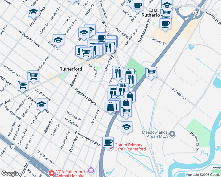 map of restaurants, bars, coffee shops, grocery stores, and more near 79 Feronia Way in Rutherford