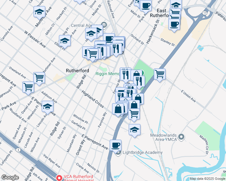 map of restaurants, bars, coffee shops, grocery stores, and more near 79 Feronia Way in Rutherford