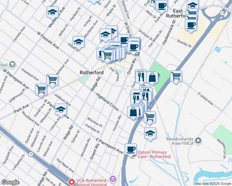 map of restaurants, bars, coffee shops, grocery stores, and more near 117 Orient Way in Rutherford