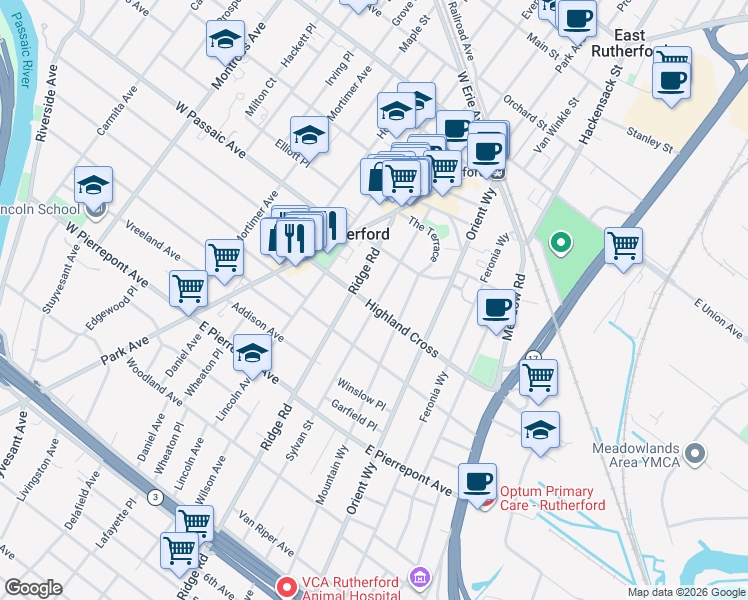 map of restaurants, bars, coffee shops, grocery stores, and more near 109 Sylvan Street in Rutherford