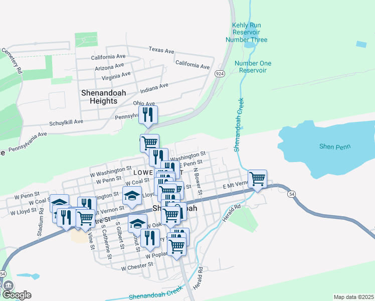 map of restaurants, bars, coffee shops, grocery stores, and more near 101 East Washington Street in Shenandoah