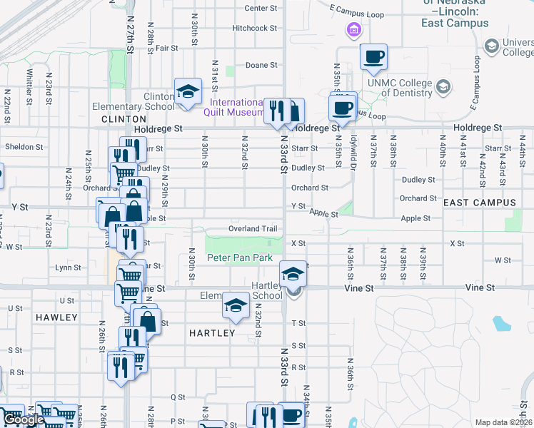 map of restaurants, bars, coffee shops, grocery stores, and more near 3230 Apple Street in Lincoln
