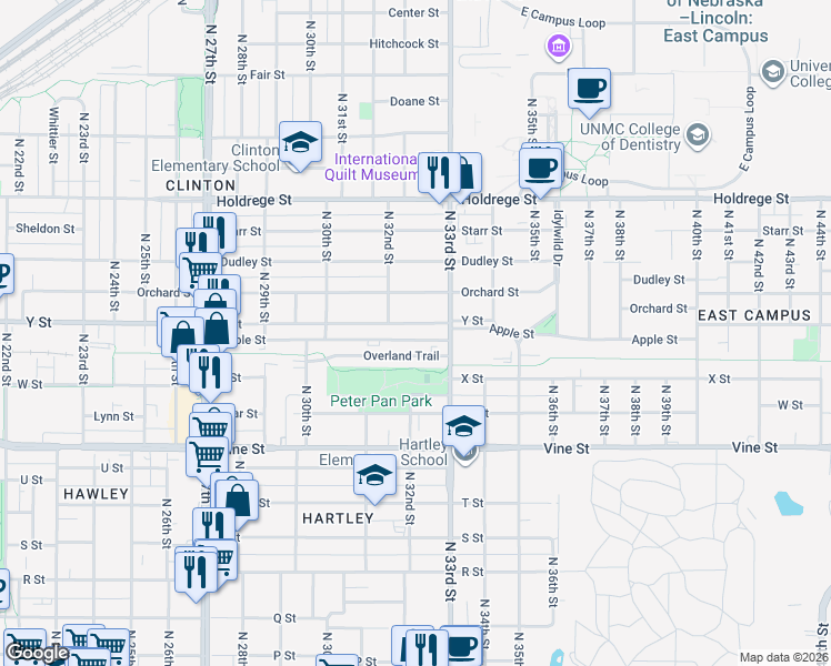 map of restaurants, bars, coffee shops, grocery stores, and more near 3230 Apple Street in Lincoln