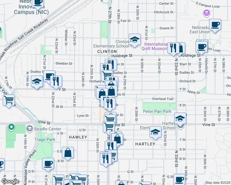map of restaurants, bars, coffee shops, grocery stores, and more near 2716 Apple Street in Lincoln