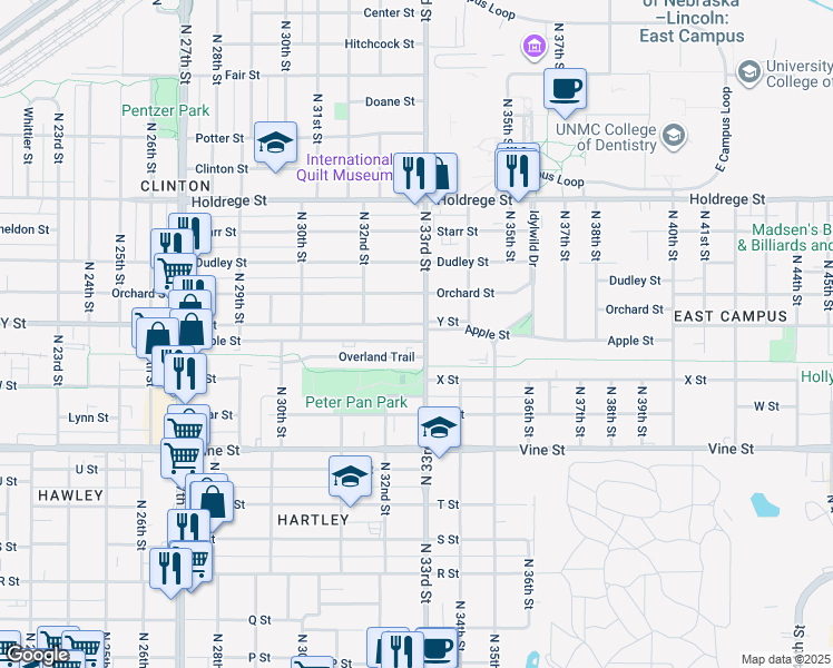 map of restaurants, bars, coffee shops, grocery stores, and more near 3230 Apple Street in Lincoln