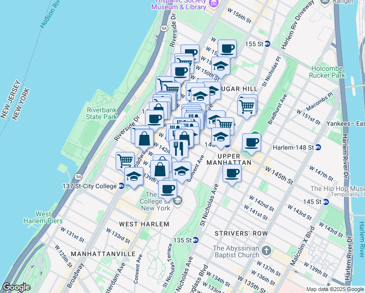 map of restaurants, bars, coffee shops, grocery stores, and more near 139 Hamilton Place in New York