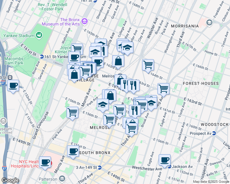 map of restaurants, bars, coffee shops, grocery stores, and more near 361 East 160th Street in Bronx