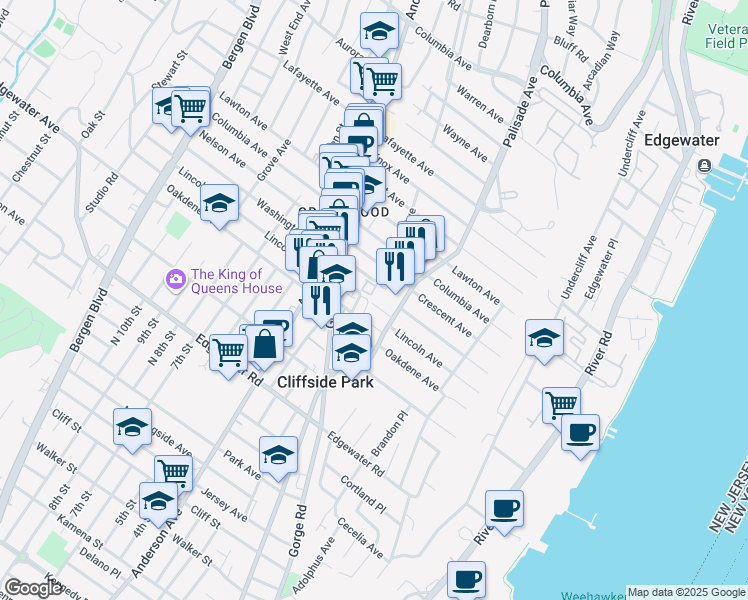 map of restaurants, bars, coffee shops, grocery stores, and more near 223 Delia Lane in Cliffside Park