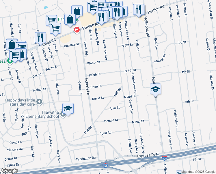 map of restaurants, bars, coffee shops, grocery stores, and more near 20 Brian Street in Holbrook