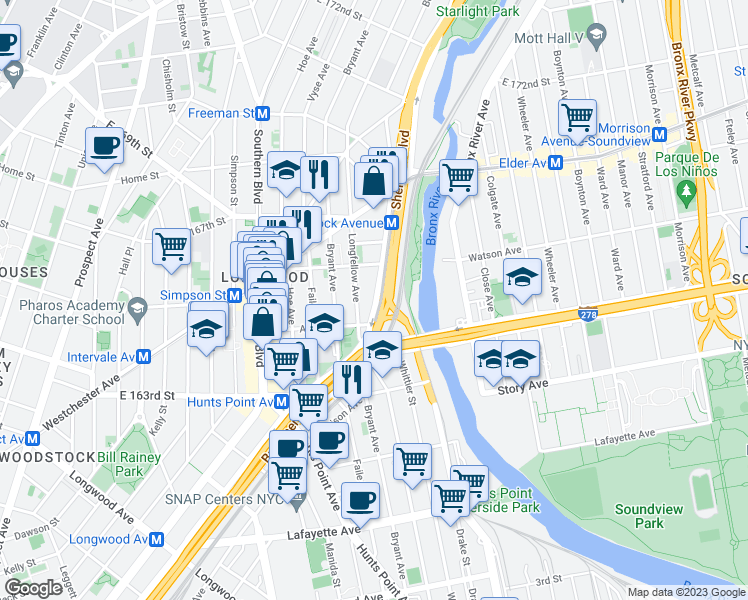 map of restaurants, bars, coffee shops, grocery stores, and more near 1125C Whitlock Avenue in Bronx