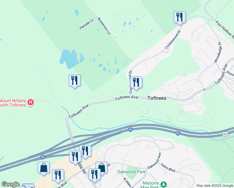 map of restaurants, bars, coffee shops, grocery stores, and more near 331 Toftrees Avenue in State College