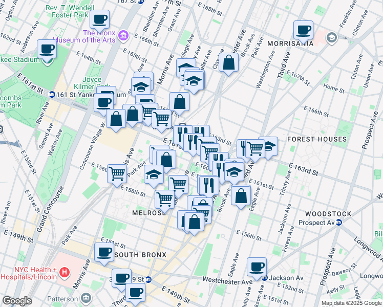 map of restaurants, bars, coffee shops, grocery stores, and more near 871 Melrose Avenue in The Bronx