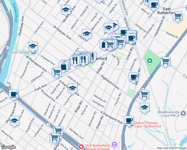 map of restaurants, bars, coffee shops, grocery stores, and more near 82 Ridge Road in Rutherford