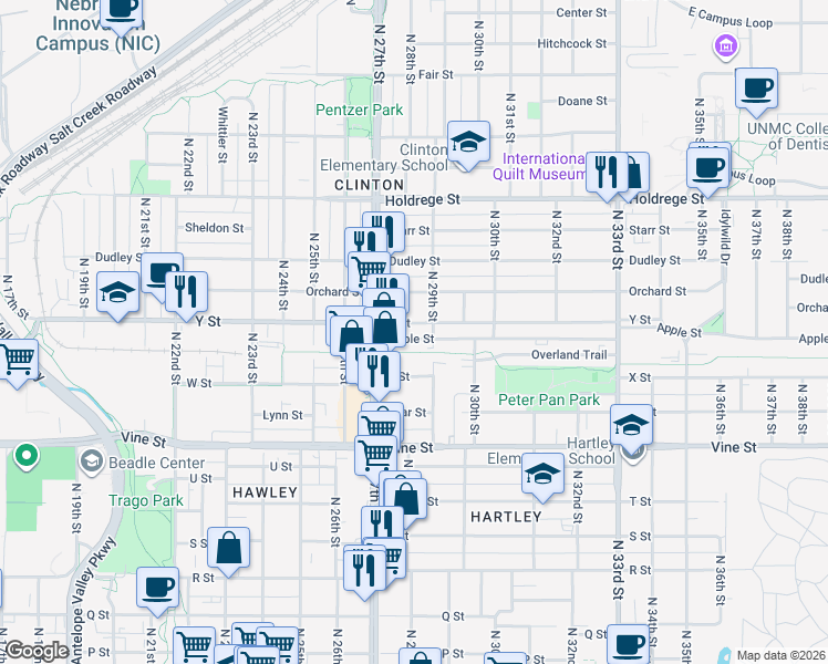 map of restaurants, bars, coffee shops, grocery stores, and more near 2716 Apple Street in Lincoln