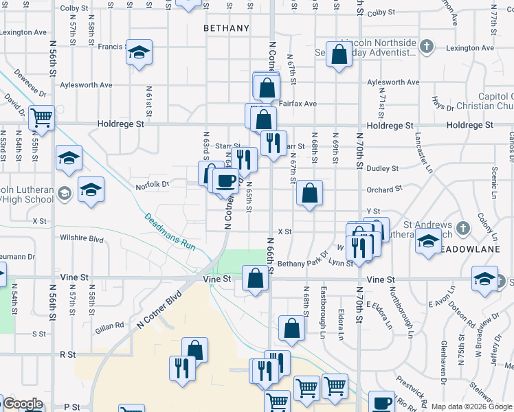 map of restaurants, bars, coffee shops, grocery stores, and more near 6520 Y Street in Lincoln