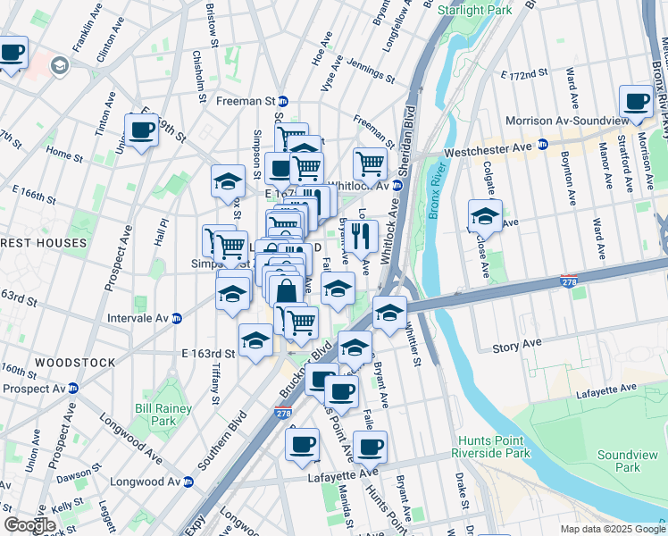 map of restaurants, bars, coffee shops, grocery stores, and more near 1020 Bryant Avenue in Bronx
