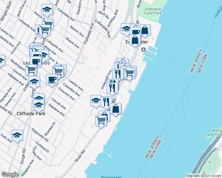 map of restaurants, bars, coffee shops, grocery stores, and more near 12 Edgewater Place in Edgewater