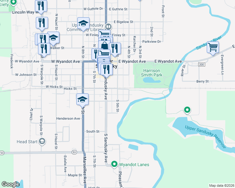 map of restaurants, bars, coffee shops, grocery stores, and more near 318 South 5th Street in Upper Sandusky