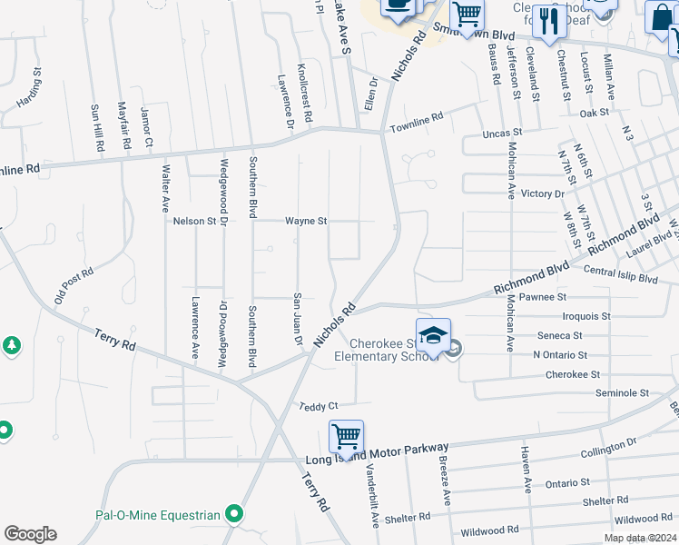 map of restaurants, bars, coffee shops, grocery stores, and more near 61 Seusing Boulevard in Hauppauge