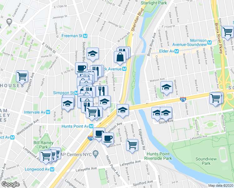 map of restaurants, bars, coffee shops, grocery stores, and more near 1030 Longfellow Avenue in Bronx