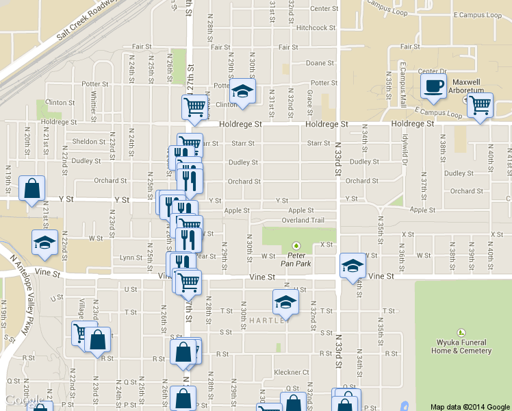 map of restaurants, bars, coffee shops, grocery stores, and more near 3020 Apple Street in Lincoln