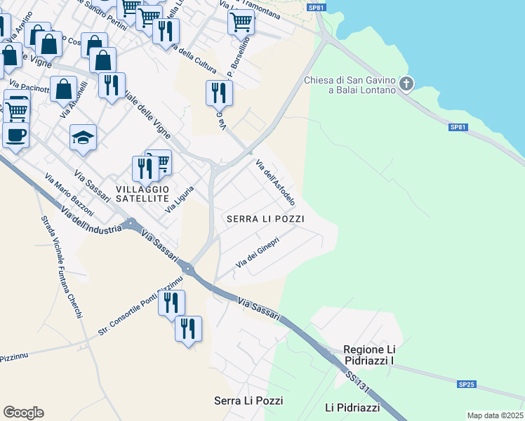 map of restaurants, bars, coffee shops, grocery stores, and more near 16A Via degli Ulivi in Porto Torres